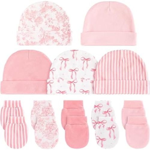 Unittype Baby Hats and Mittens Set for Girl 10 Pcs Newborn Gift Set Soft 100% Cotton Infant Beanie Caps and No Scratch Gloves Pink White Bow Pattern for 0-6 Months Infant Essentials