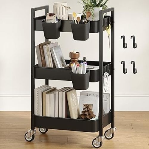 Nunsino 3 Tier Rolling Cart,Utility Cart with Locking Wheels, Hanging Cups & Hooks, Heavy Duty Metal Storage Organizer Cart for Kitchen,Office, Bathroom,Craft Room,Black