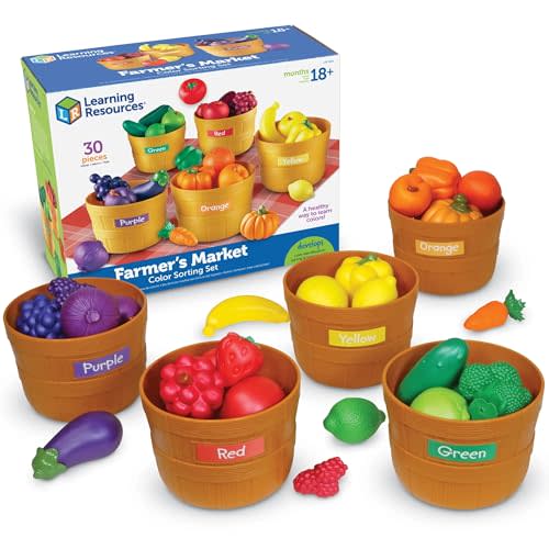 Learning Resources Farmer's Market Color Sorting Set | Pretend Play Food Sets for Kids Kitchen, Color Sorting Toys, Plastic Fruit and Vegetable Toy for Kids Kitchen Set