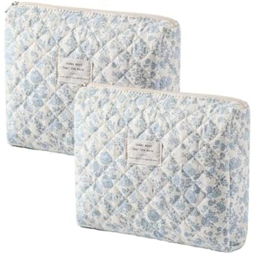Quilted Cotton Makeup Bag 2Pcs Coquette Cosmetic Bag,Large Soft Floral Travel Toiletry Bag for Women and Girls(05Light Blue)