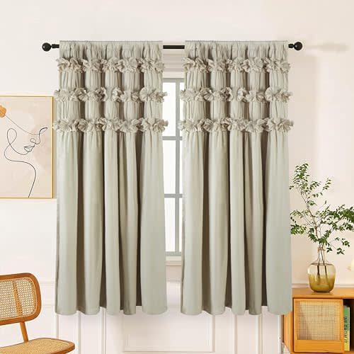 Homechoice Decor Camel Blackout Curtains with Handmade Ruffles, Butterfly Flower Embellishments for Thermal Insulated Room Darkening Drapes, 42" W x 63" L (Pair) for Bedroom, Living Room (LQ-37)