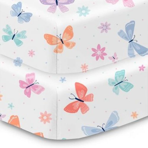 BreathableBaby Cotton Percale Fitted Sheet, For 52" x 28" Crib & Toddler Bed Mattress, AFB Butterflies (2-Pack)