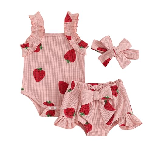 Kaipiclos Cherry Baby Outfit Newborn Infant Girl Clothes Rib Knit Romper & Shorts Waffled Baby Clothes for Girls 0 3 6 12 18M