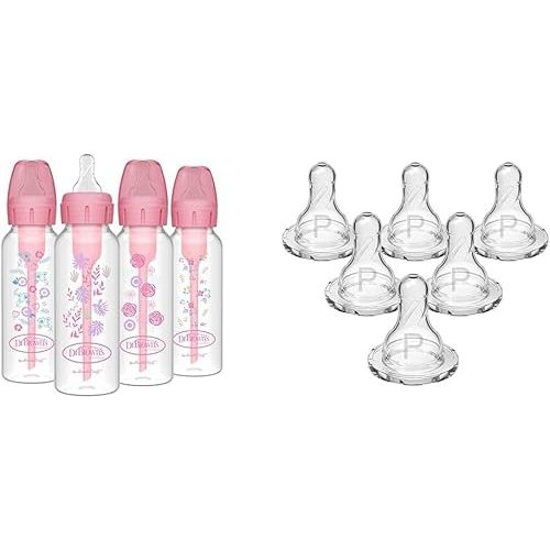 Dr. Brown's Natural Flow Anti-Colic Options+ Narrow Baby Bottles, Floral Designs, 8oz/250mL, Pink, 0m+ & Dr. Brown’s Natural Flow Preemie Flow Narrow Baby Bottle Silicone Nipple, 6 Count