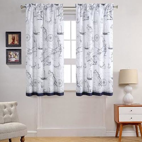 Aviation Sea Ship Blue Pinted Ocean Window Curtain Pair,Modern Sailboats 2 Panels Set,Each 42" W x 63" L and Total 84" Wide and 63" Long