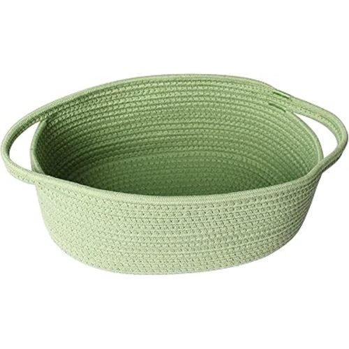 Small Woven Gift Basket, Baskets for Gifts Empty, Cotton Rope Cat Dog Toy Bin Box, Nursery Baby Basket, Wicker Basket with Handles, Shelf Storage Basket for Home Decor, Green, 12"x 8"x 5"