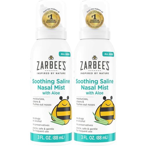 Zarbee's Baby Nasal Saline Spray, Soothing Sterile Mist with Aloe, Newborns & Up, Cleansing Nose Relief, 3Fl Oz (Pack of 2)