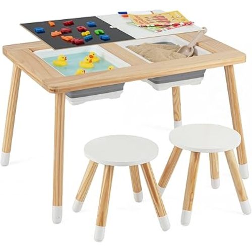 HONEY JOY Sensory Table and Chair Set, Wooden Sand & Water Activity Set w/Double-Sided Blackboard & Whiteboard, 2 Storage Bins, for Art Drawing Dining, Kids Table and 2 Chairs for Boys Girls (White)