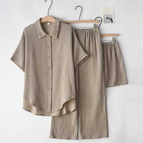 Minimalist Striped Cotton Pajama Set for Women - Soft Gauze Three-Piece Loungewear