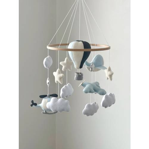 Baby Mobile Blue Nursery Mobile for Crib Sky Theme Baby Mobile Airplane Hot Air Balloon Mobile Travel Nursery Decor Baby Shower Gift Boy