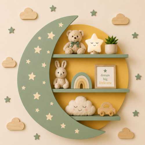 Handmade Moon Shelf, Celestial Nursery Decor, Scandinavian Style Sage Green Wood Wall Shelf
