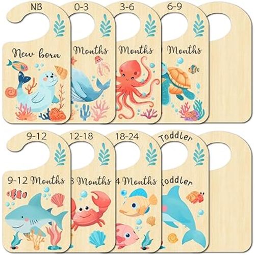 CRASPIRE 10Pcs Marine Life Closet Dividers Cute Ocean Animal Double Sided Wooden Hanging Organizer Sign Cloth Size Dividers Newborn Stuff 24 Months Toddler for Nursery Beautiful Decor Shower Home