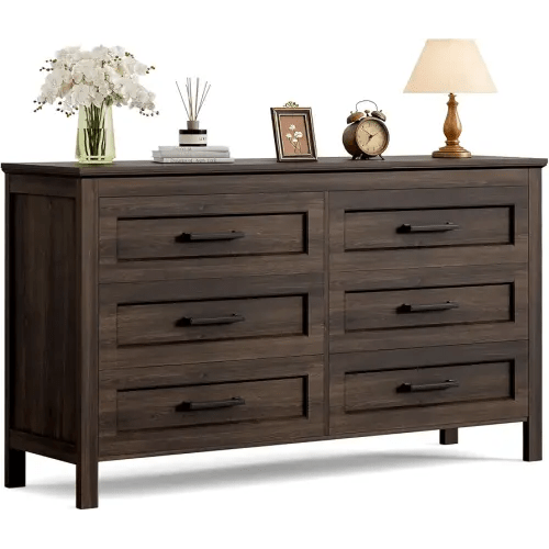 YESHOMY Brown Dresser for Bedroom, Wooden 6 Drawer Dresser, Closet Storage Organizer Chest of Drawers for Living Room, Hallway, Closet