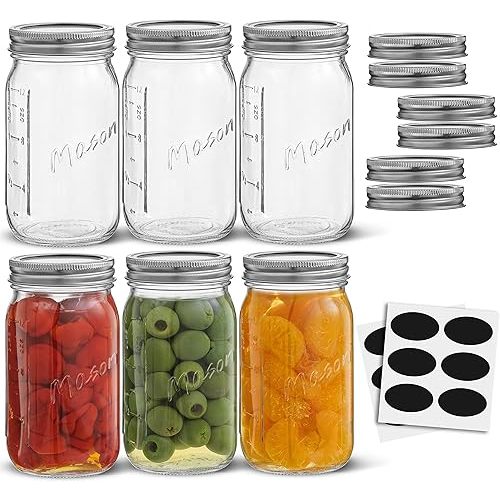 16 Oz Mason Jars With Lids, Labels and Measures! 6-Pack Regular Mouth Mason Jars, Glass Jar with Lid and Band. Airtight Canning Jars, Overnight Oats Jars, Salad Jars, Sourdough Starter Jar