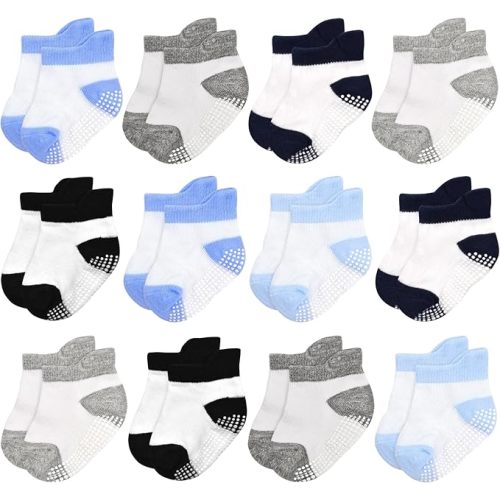 GRPSKCOS Non Slip Toddler Baby Socks 12 Pairs Anti Skid Ankle Socks for Girls Boys Grips Sock for 0-7 Years Children