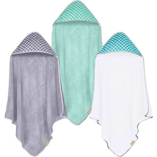 CORAL DOCK 3 Pack Baby Hooded Bath Towel Sets, Ultra Absorbent Baby Essentials Item for Newborn Boy Girl, Baby Bath Shower Towel Gifts for Infant and Toddler - Classic Neutral Plaid