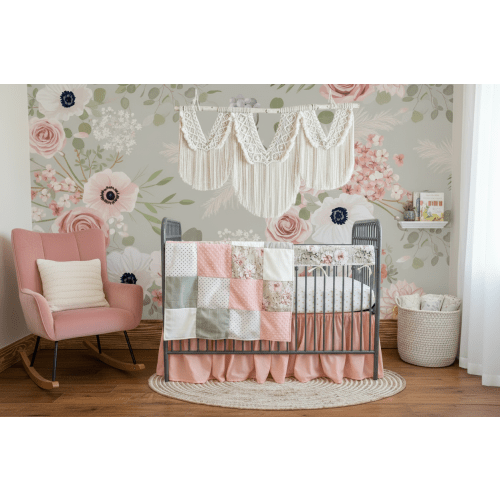 Shabby Chic Girl Crib Bedding - Sage Floral & Gold Farmhouse Nursery Set – DBC Baby Bedding Co