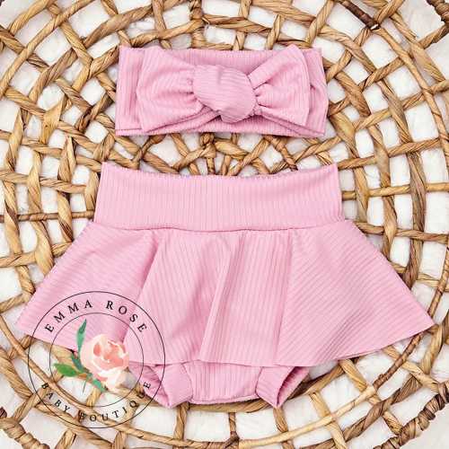 Baby girl light pink skirted bummies with a matching hair bow, skort, skirt with shorts, skirt with bloomers, Spring newborn infant clothes