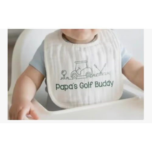 Papa's Golf Baby Bib, Golf Themed Muslin Bib with Adjustable Snap Closure, Off White, 8x8 Inches, Handmade Embroidered