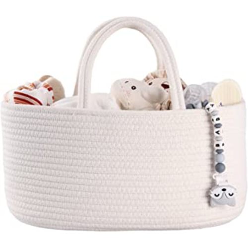 Baby Diaper Caddy Organizer for Girl Boy Cotton Rope Nursery Storage Bin Basket Portable Holder Tote Bag for Changing Table Car Travel Baby Shower Gifts Newborn Essentials Registry Must Haves White
