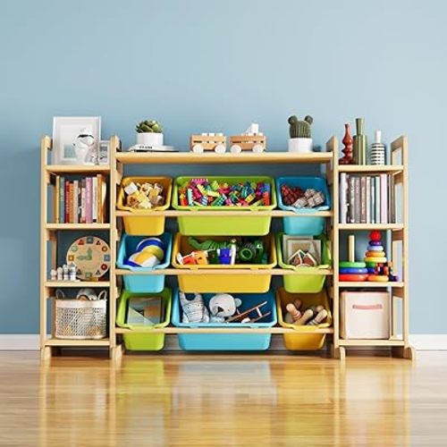 SpaceAid Large Toy Storage Organizer 9 Shelves 9 Bins, Toy Organizers Storage Bookshelf, Kids Bin Shelf Toys Box Bookcase for Bedroom Playroom Organization Room Decor, Multi-Colored