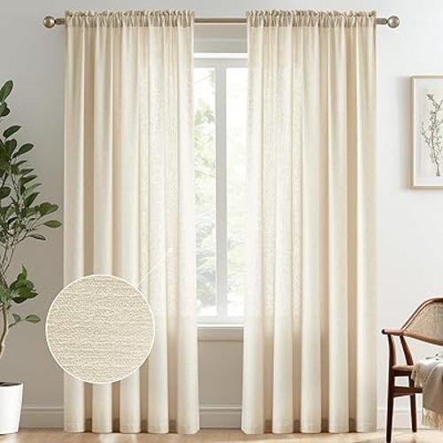Melodieux Beige Semi Sheer Curtains 84 Inches Long for Living Room, Bedroom Linen Look Farmhouse Rod Pocket Shiny Sheer Curtain Drapes Light Filtering Home Office, 52" W x 84" L, 2 Panels