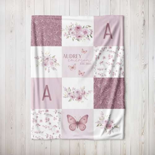 Personalized Floral Baby Blanket with Name for Girls, Butterfly Patchwork Minky, Custom Crib Blanket, Pink Flower Nursery Gift
