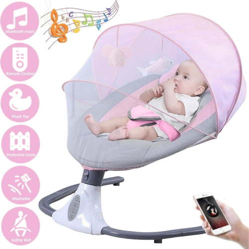 Hurber Electric Baby Swing, Infant Bouncer Chair with Remote Control, Bluetooth Music, 12 Lullabies, 4 Speeds, 4 Timing Set, Unisex, Pink