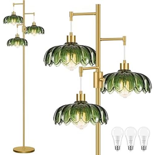 Dimmable Floor Lamps for Living Room-3 Light Gold Vintage Floor Lamp with Glass Lampshape & Three Bulbs,Modern Mid Century Standing Lamp Green Flower Tall Tree Floor Lamp for Bedroom Corner