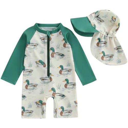 Engofs Toddler Baby Boy Swimsuit One Piece Rash Guard Bathing Suit Infant Beach Swimwear with Hat (A10 Green Duck, 6-12 Months)