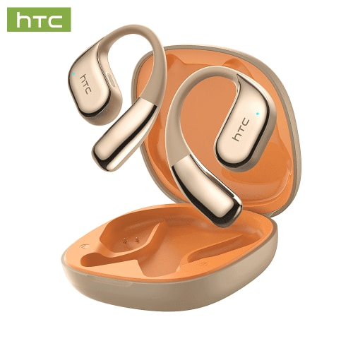 HTC NE39 Wireless Bluetooth 6.0 Open-Ear Earbuds, AI Translator, Noise-Cancelling Headphones, 130+ Languages, 40H Playtime, IPX5 Waterproof, Beige + Gold