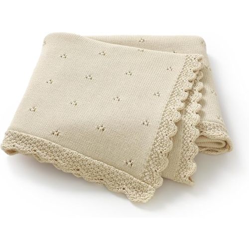 Organic Cotton Baby Blanket for Boys Girls, 30x40 Inch (Beige) | Soft Knitted Crochet, Newborn Neutral, Crib Receiving, Nursery Swaddle, Lightweight Breathable