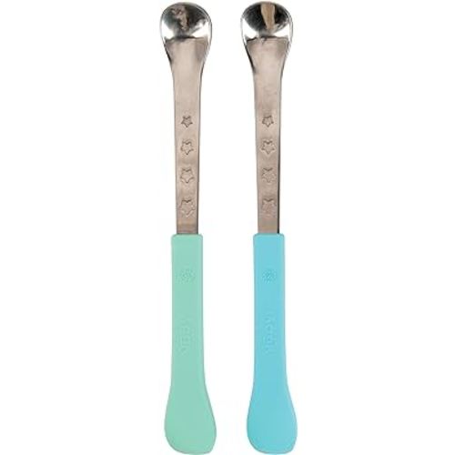 Nuby 2 in 1 Silicone and Stainless Steel Dual Ended Feeding Spoons for Baby, Aqua/Blue
