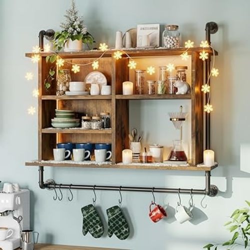 REIBII 4-Tier Industrial Pipe Wall-Mounted Shelf, Large Capacity Floating Shelves with Dimmable RGB LED & Adjustable Shelves, Under Hanging Hooks for Kitchen Living Room Bar, Rustic Brown