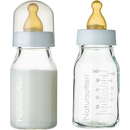 Natursutten Glass Baby Bottles 8 oz and 4 oz - Anti-Colic Baby Bottles for Breastfeeding Babies, Suitable for Boiling and Freezing - Bottles with Natural Rubber, Slow Flow Nipples for Newborn Babies