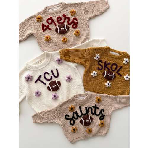 Hand Embroidered NFL College Football Sweater, MLB Team Sweater, Sports Sweater for Babies & Kids, Personalized Sports Team Sweater