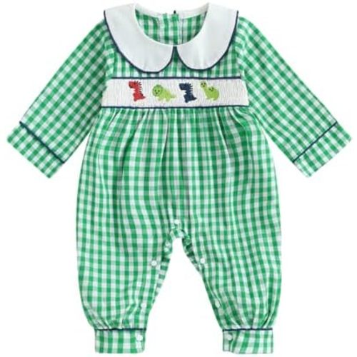 Toddler Baby Boy Fall Clothes Dinosaur Gingham Collared Jumpsuit Romper Long Sleeve One Piece Outfits