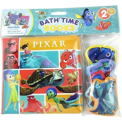 Disney Pixar Bath Time Books - Activity Books for kids, Bath book, 6 Padded suction cups, 1 Mesh bag