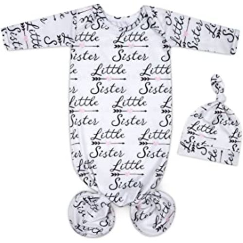 Mikccer Baby Newborn Knotted Gown 0-6 Months, Soft Breathable Sleeper Gowns, Babies Girl Coming Home Outfit Infant Little Sister Nightgowns with Hat Set