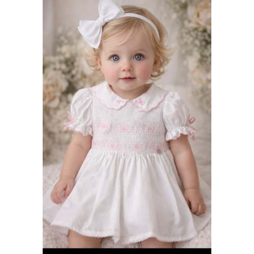 Deolinda Baby Girl White & Pink Smocked Dress Luxury Classic Infant Dr – Designs By ELS