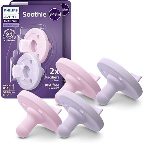 Philips Avent Soothie Baby Pacifiers - 100% Silicone Pacifiers for Babies 3-18 Months, One-piece Design, BPA-Free, Extra Durable, Lilac and Pink, 4 Pack, Model SCF192/70