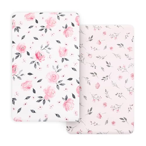 PHF Soft Mini Crib Sheet Set, 2 Pack Silky Comfy Pack N Play Sheets for Girls, Universal Fit for Pack N Play, Playard and Mini Crib Mattresses, Pink Floral