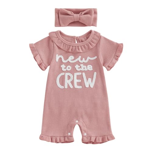 allshope Newborn Baby Girl Summer Outfit Romper Little Sister Lil Sis Embroidery Ruffle Collar Jumpsuit Infant Waffle Clothes