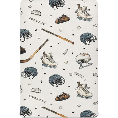 Vintage Ice Hockey Balls Crib Sheets Soft Breathable Fitted Baby Crib Sheets Mattress Cover for Girls Boys, 52" x 28" x 9"