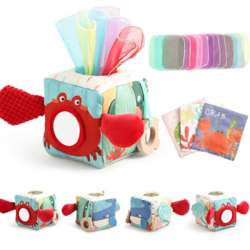 Baby Tissue Box Toy, Montessori Sensory Toys for 6-12 Months, 6 Month Old Baby Must Haves, with Crinkle Paper, Silk Scarves, Safety Mirror, Perfect Early Learning Gift