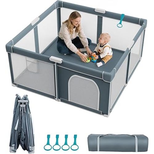 Foldable Baby Playpen - 50"×50" Collapsible Play Pen for Babies and Toddlers - Indoor Outdoor Play Pen with 4 Handles - Folding Baby Playpen with Carry Bag Portable Travel Play Yard