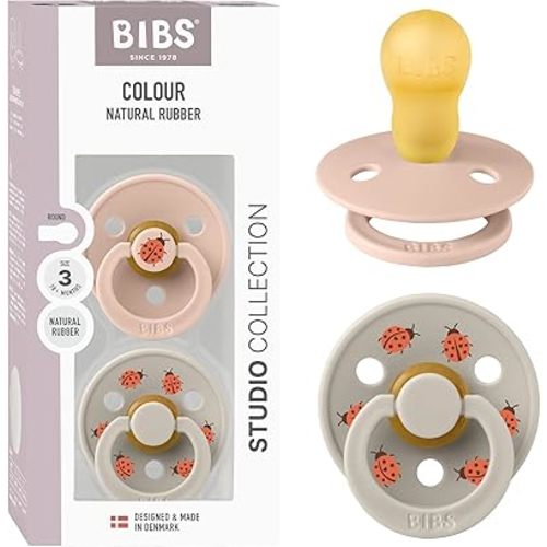 BIBS Studio Soother 2-Pack, BPA Free Dummy Pacifier, Round Nipple. Natural Rubber Latex, Made in Denmark, Size 3 (18+ Months), Blush/Sand