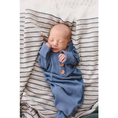 Steel Blue Ribbed Bamboo Baby Knot Gown & Hat