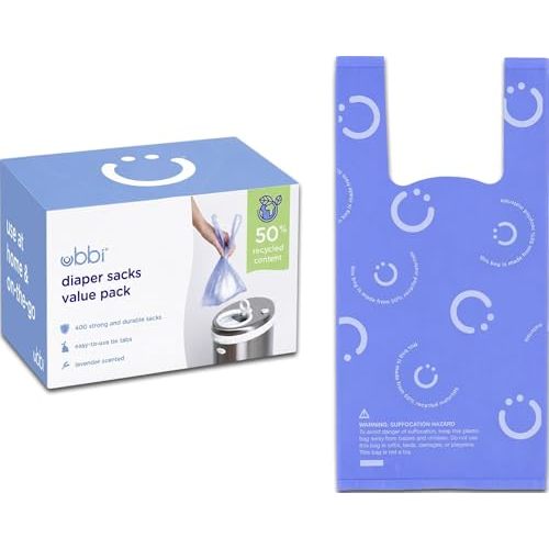 Ubbi Disposable Baby Diaper Sacks, Lavender Scented, 400 Count | Easy-To-Tie Tabs, Made from 50% Recycled Material, Disposable On-The-Go Bags, Diaper Bag and Travel Essential