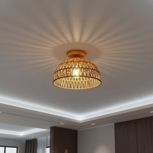 Wabi Sabi Bamboo Ceiling Light, Woven Wicker Lampshade, E27 Boho Flush Mount Lamp for Living Room Teahouse Restaurant